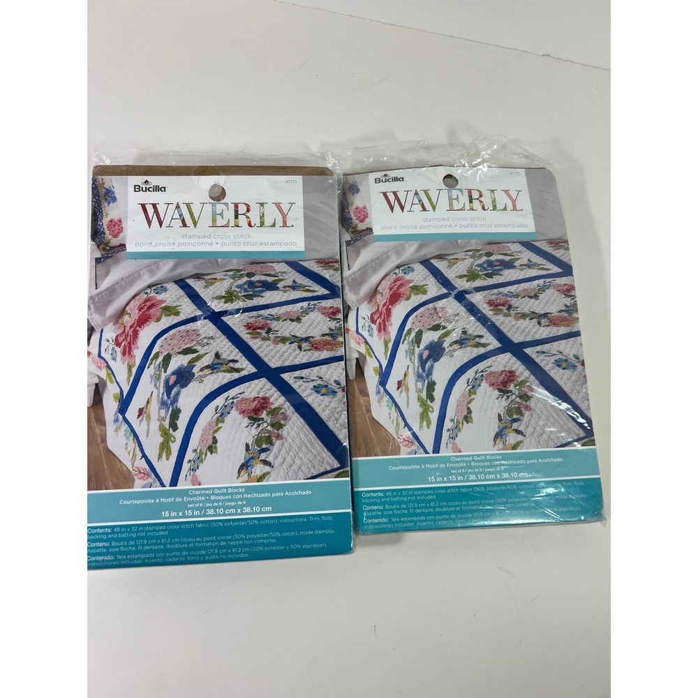 2-Bucilla Waverly Stamped Cross Stitch Charmed Quilt Blocks FloralBird NIP Flaw